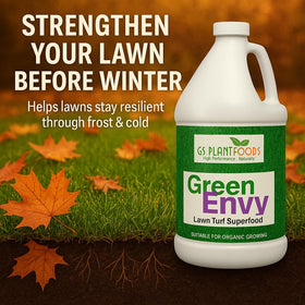 GS Plant Foods Green Envy label closeup highlighting organic nutrients for lawns.