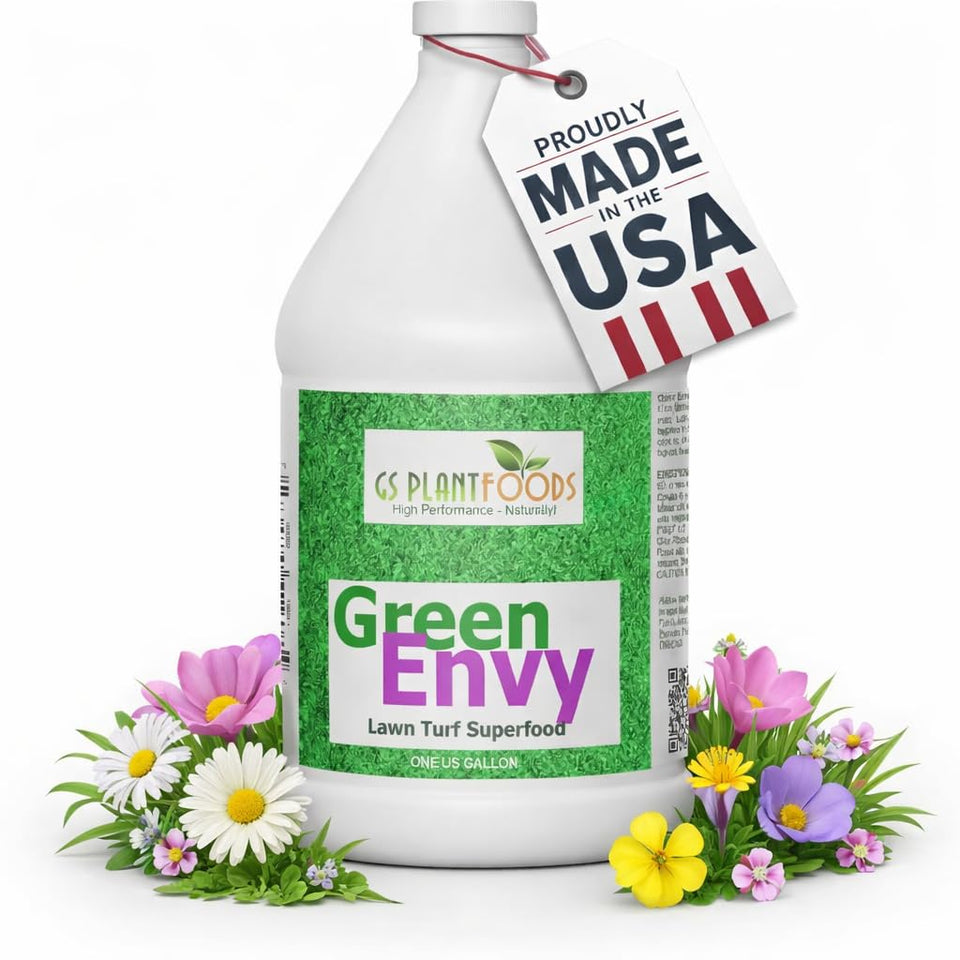 GS Plant Foods Green Envy liquid lawn fertilizer bottle for lush, resilient turf.