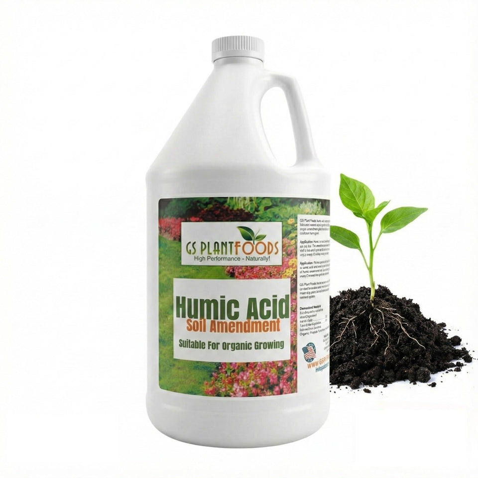 GS Plant Foods Humic Acid bottle pour for easy soil conditioning and nutrient access.