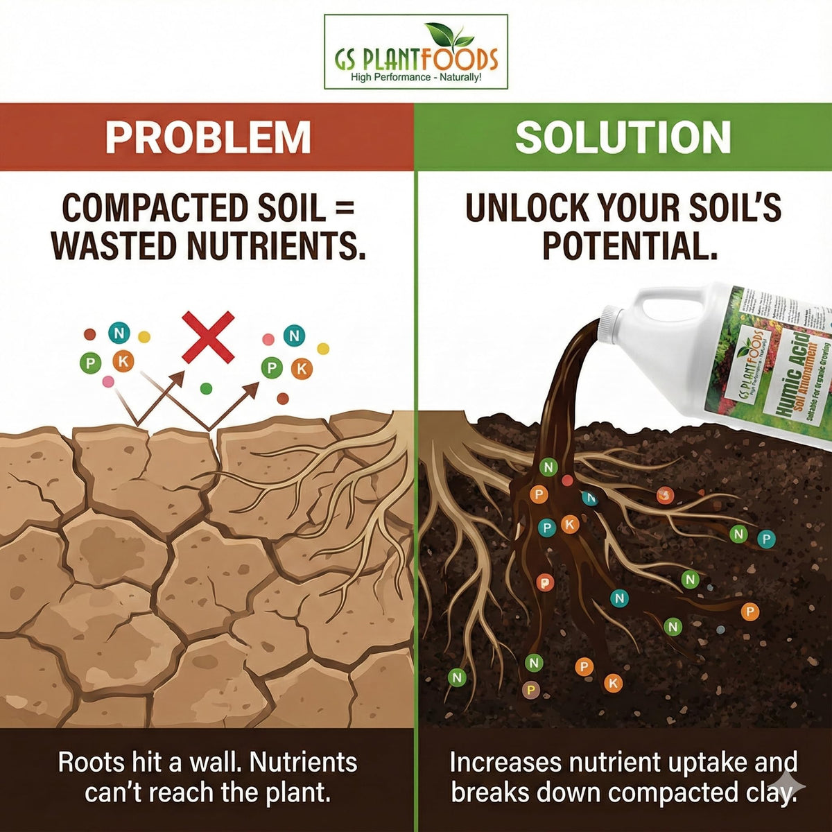 GS Plant Foods Humic Acid improves soil structure and nutrient access in the soil.