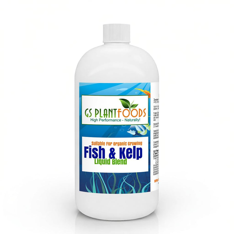 GS Plant Foods Liquid Fish & Kelp Fertilizer label highlights organic, OMRI-listed plant nutrition