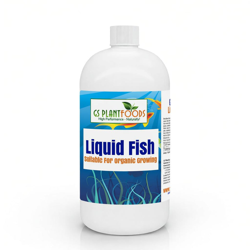 GS Plant Foods Liquid Fish Fertilizer bottle highlights organic 2-3-1 formula for gardens.