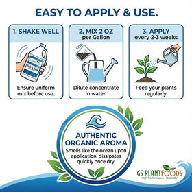 OMRI-certified label on GS Plant Foods Liquid Fish & Kelp Fertilizer