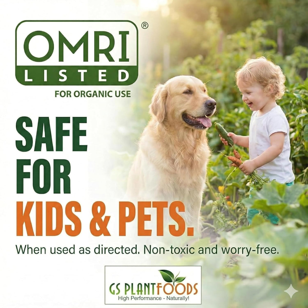 OMRI-listed GS Plant Foods label on kelp fertilizer packaging.