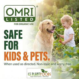 OMRI-listed GS Plant Foods label on kelp fertilizer packaging.