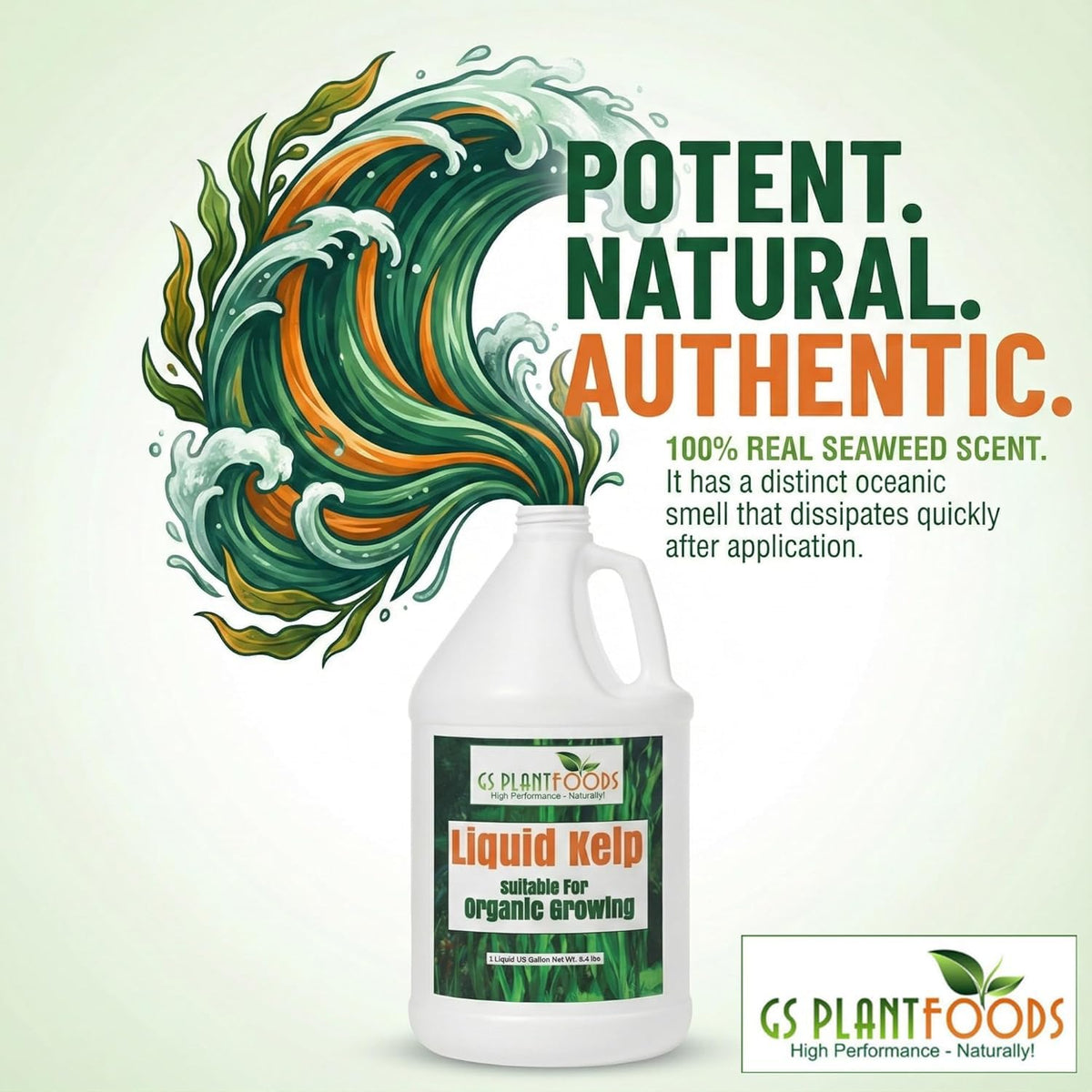 Quart bottle of GS Plant Foods Liquid Kelp ready for home gardening use.