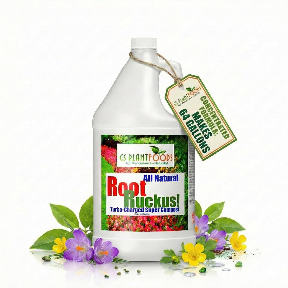GS Plant Foods Root Ruckus bottle and label, promoting root growth and nutrient uptake