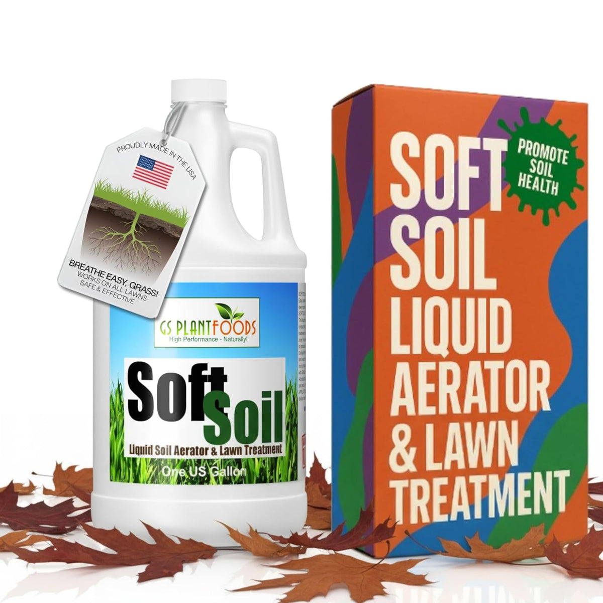 GS Plant Foods Soft Soil Liquid Aerator bottle for easy lawn treatment.