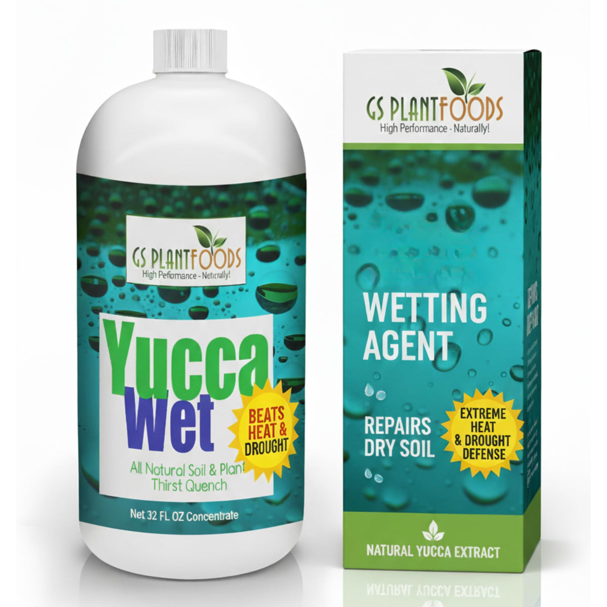 GS Plant Foods Yucca Wet bottle being poured to improve soil wetting and nutrient uptake.