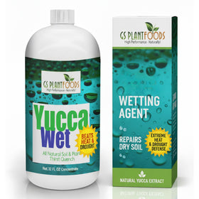 GS Plant Foods Yucca Wet bottle being poured to improve soil wetting and nutrient uptake.