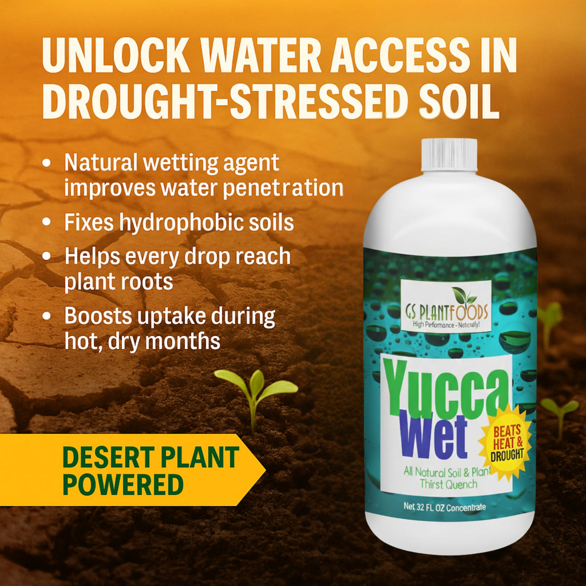 Close-up of GS Plant Foods Yucca Wet label highlighting organic surfactant for better plant moisture management.