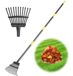 GSBLUNIE leaf rake with a 70-inch adjustable handle for easy reach and debris pickup.