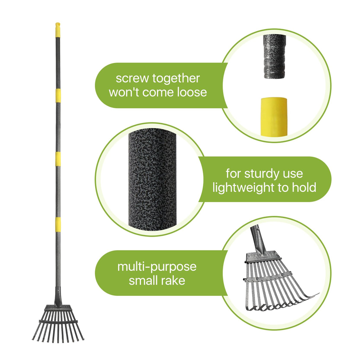GSBLUNIE rake head reaches under shrubs for precise debris removal.