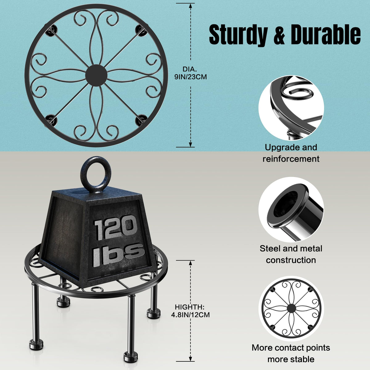 Gskeco heavy-duty black plant stand supports up to 120 pounds.
