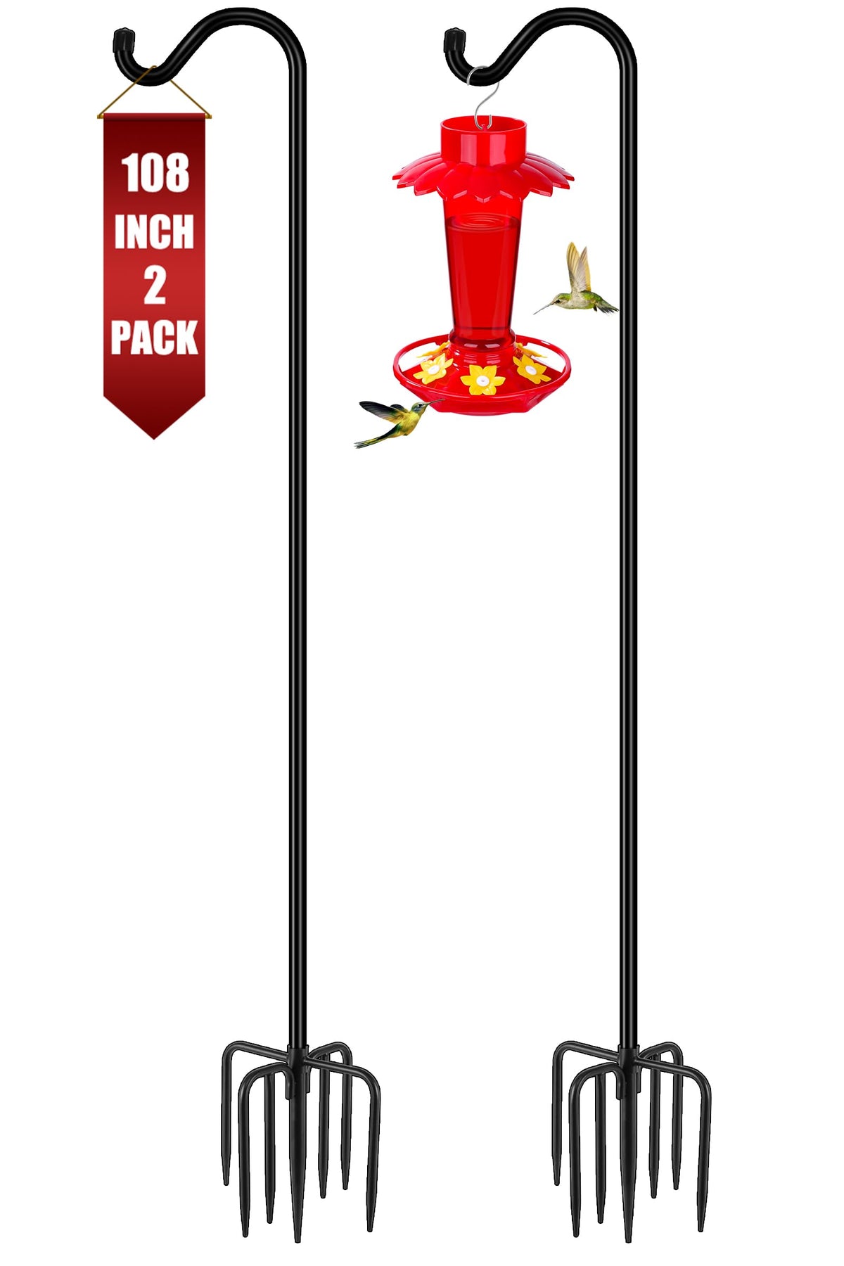 Gtongoko 108-inch shepherds hook with seven-prong base for sturdy bird feeder support.