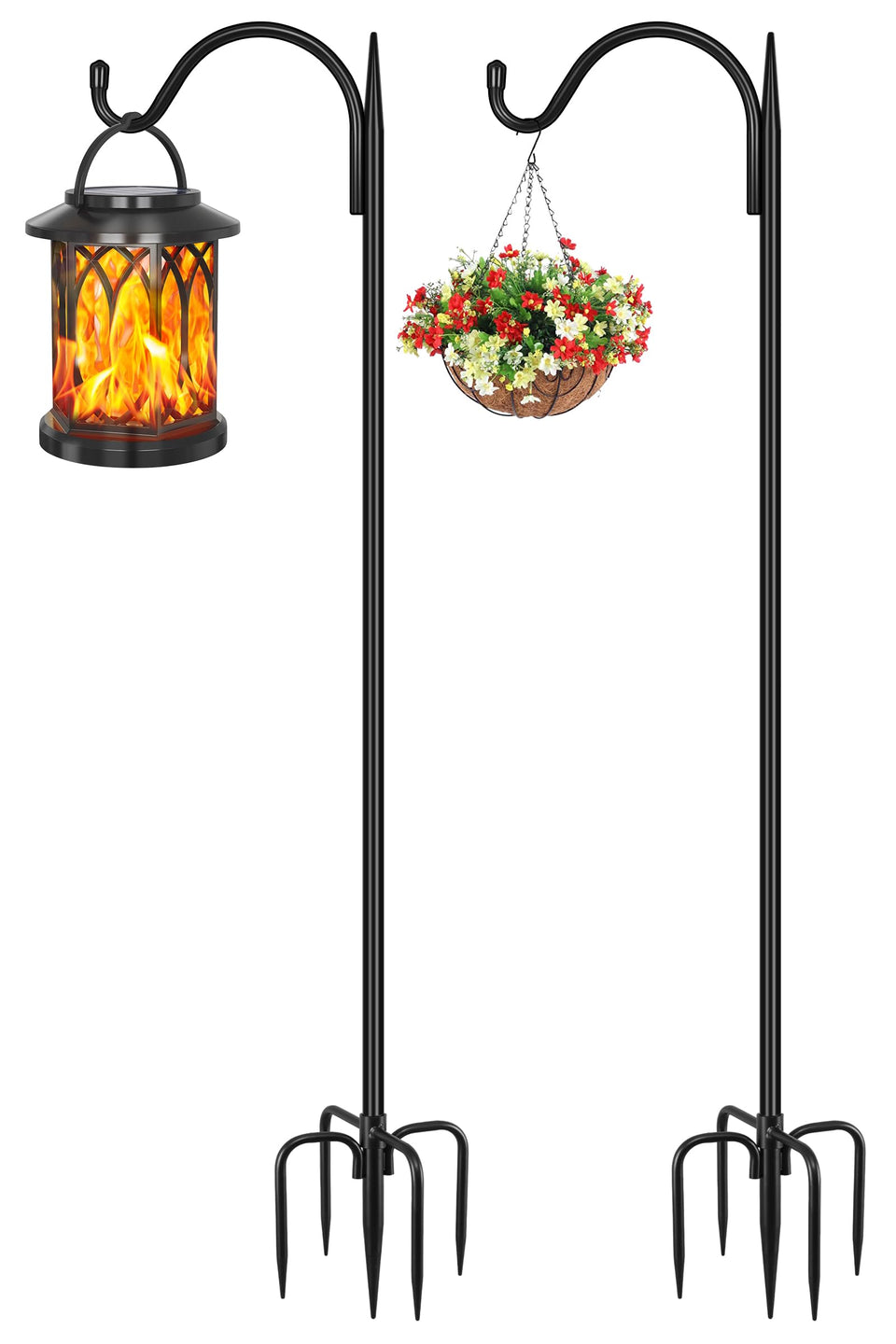 Gtongoko 63-inch shepherds hook with 5-prong base holds outdoor lanterns securely.