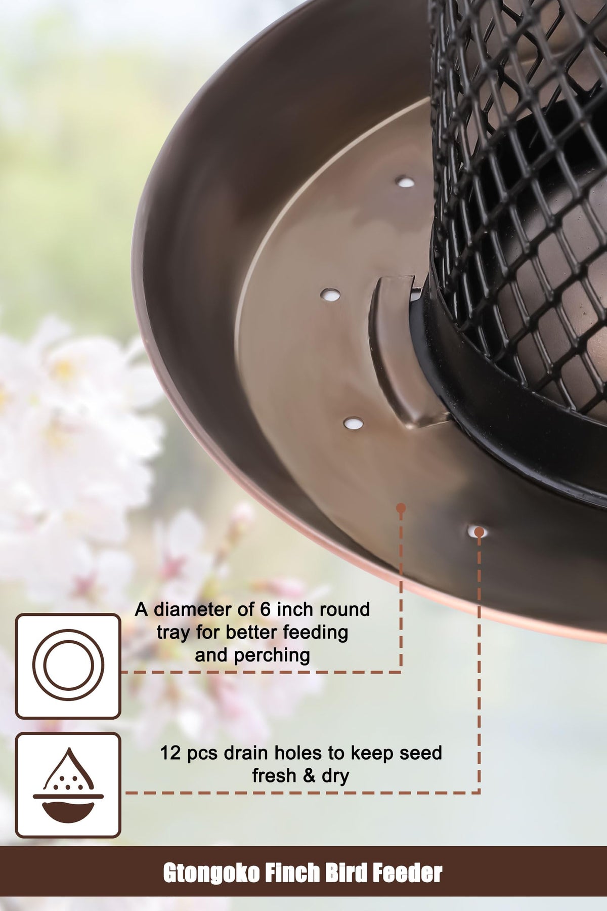 Gtongoko feeder with perching mesh tray for clinging birds.