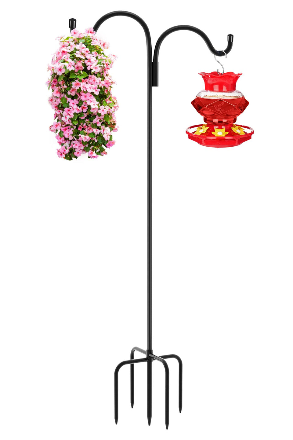 Gtongoko double shepherds hook outdoors with two arms for versatile hanging options.