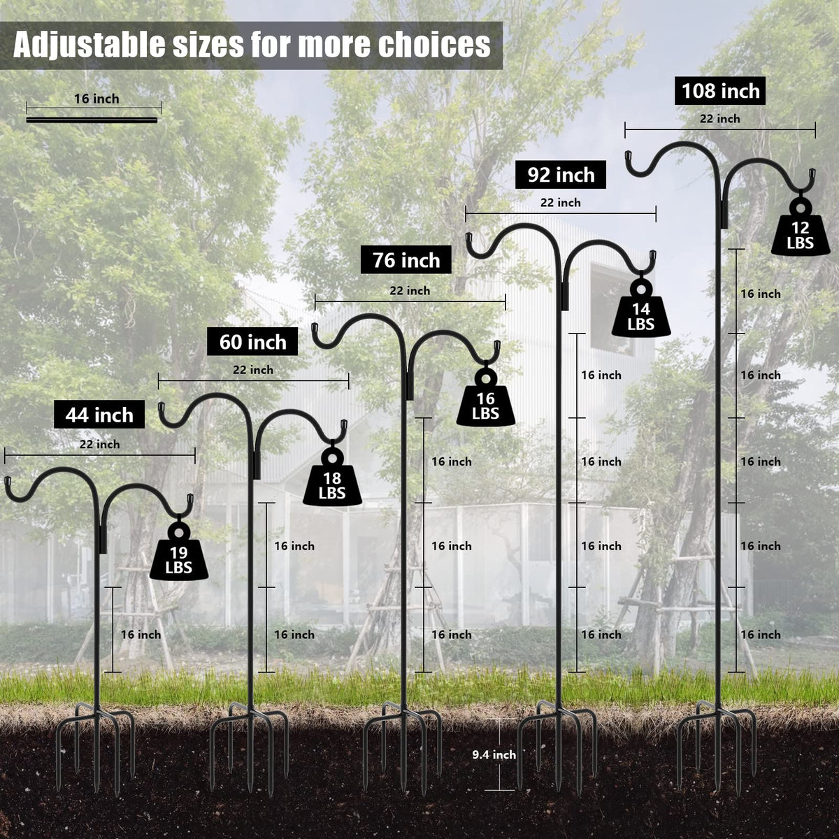 Five-prong base provides extra stability for lanterns, wind chimes, and decorative baskets.