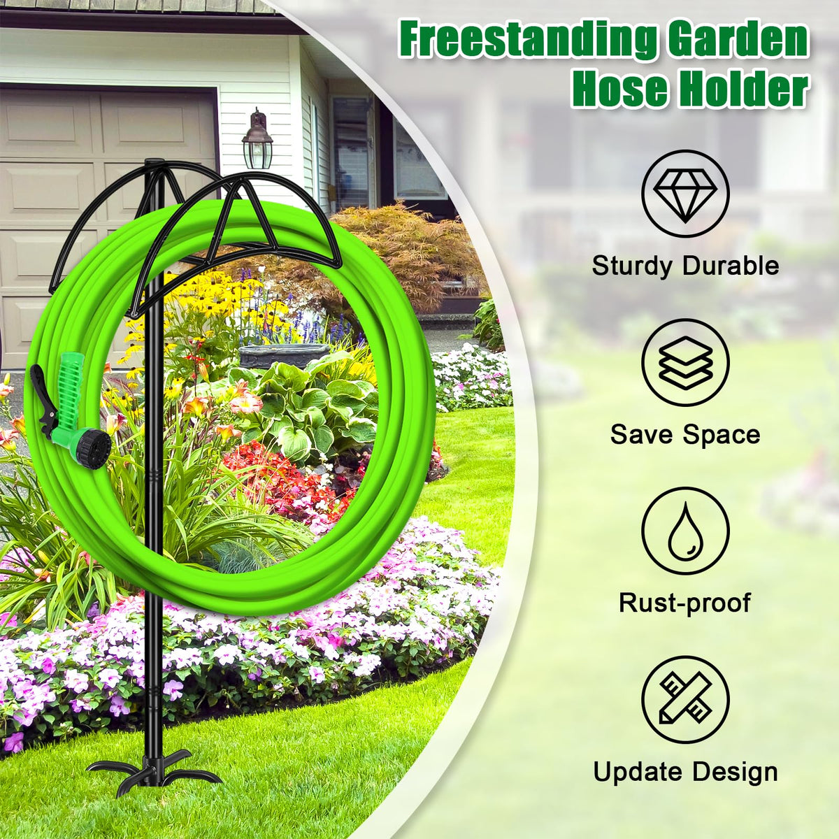 Gtongoko freestanding hose stand keeps hoses organized in yards and gardens.