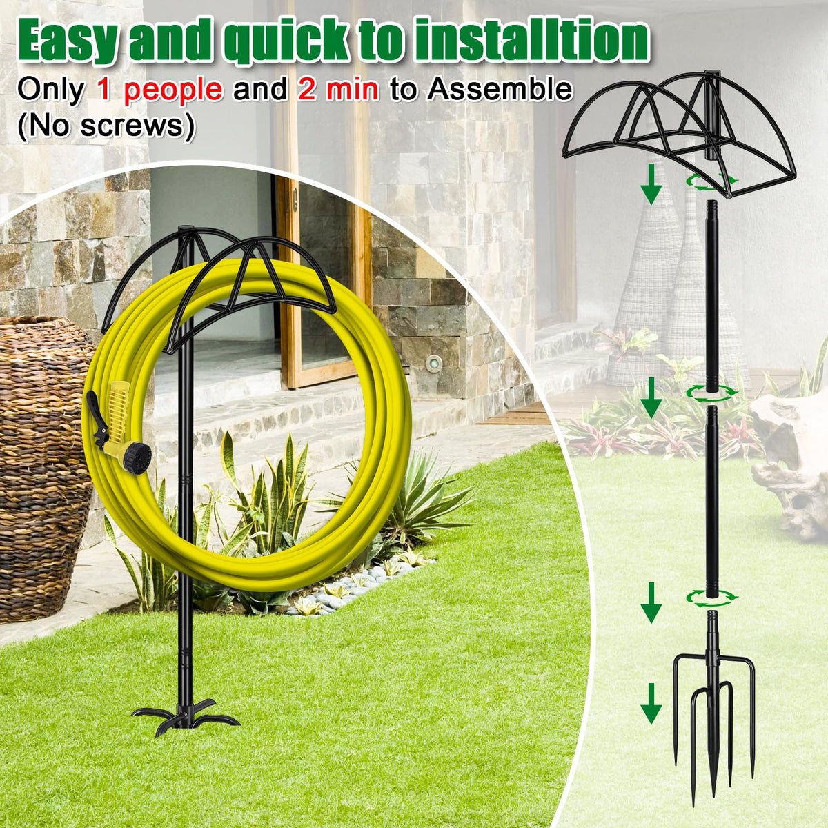 Gtongoko hose holder accommodates up to 150 feet of hose for large spaces.