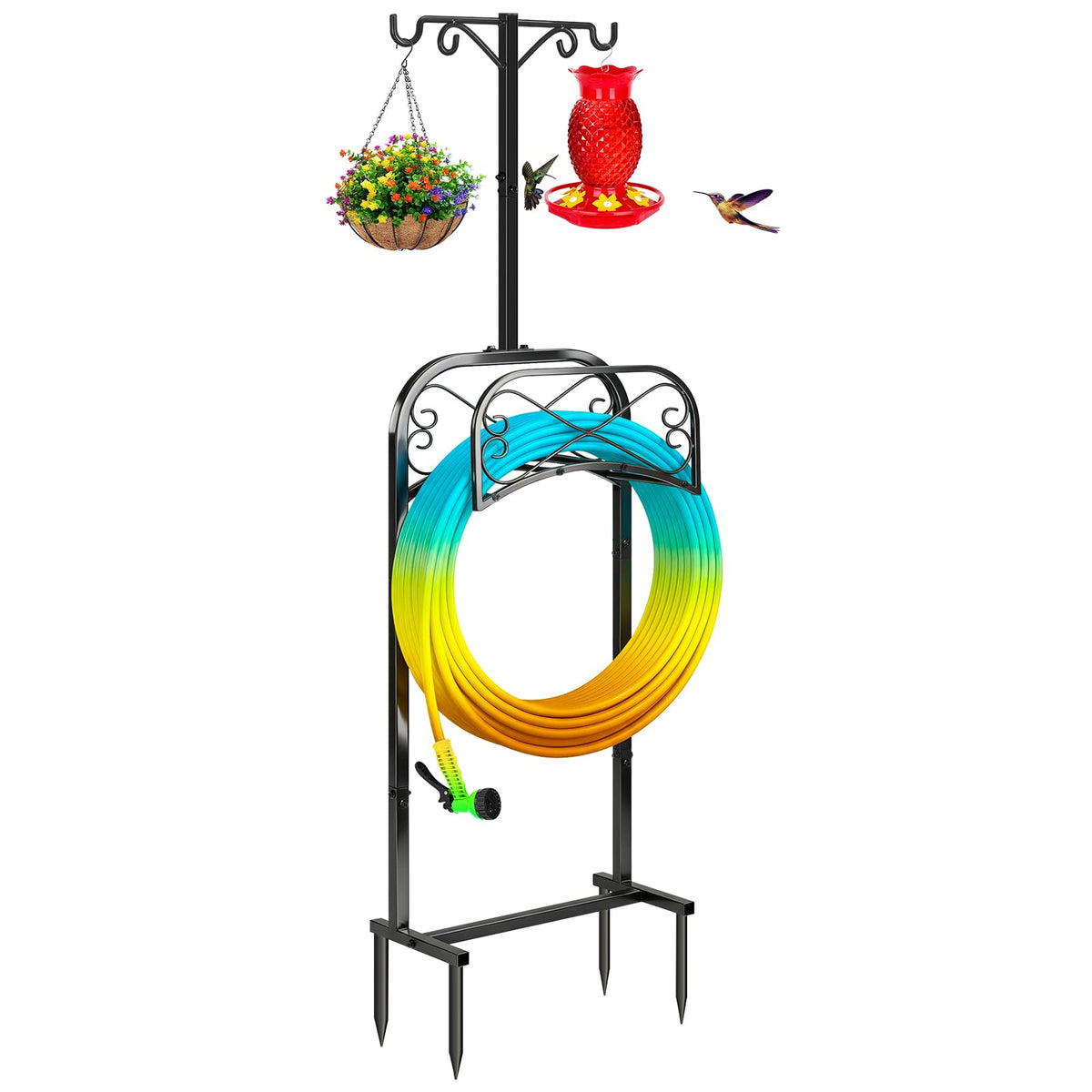Gtongoko hose holder with 70in base stabilizes outdoor storage for long hoses.
