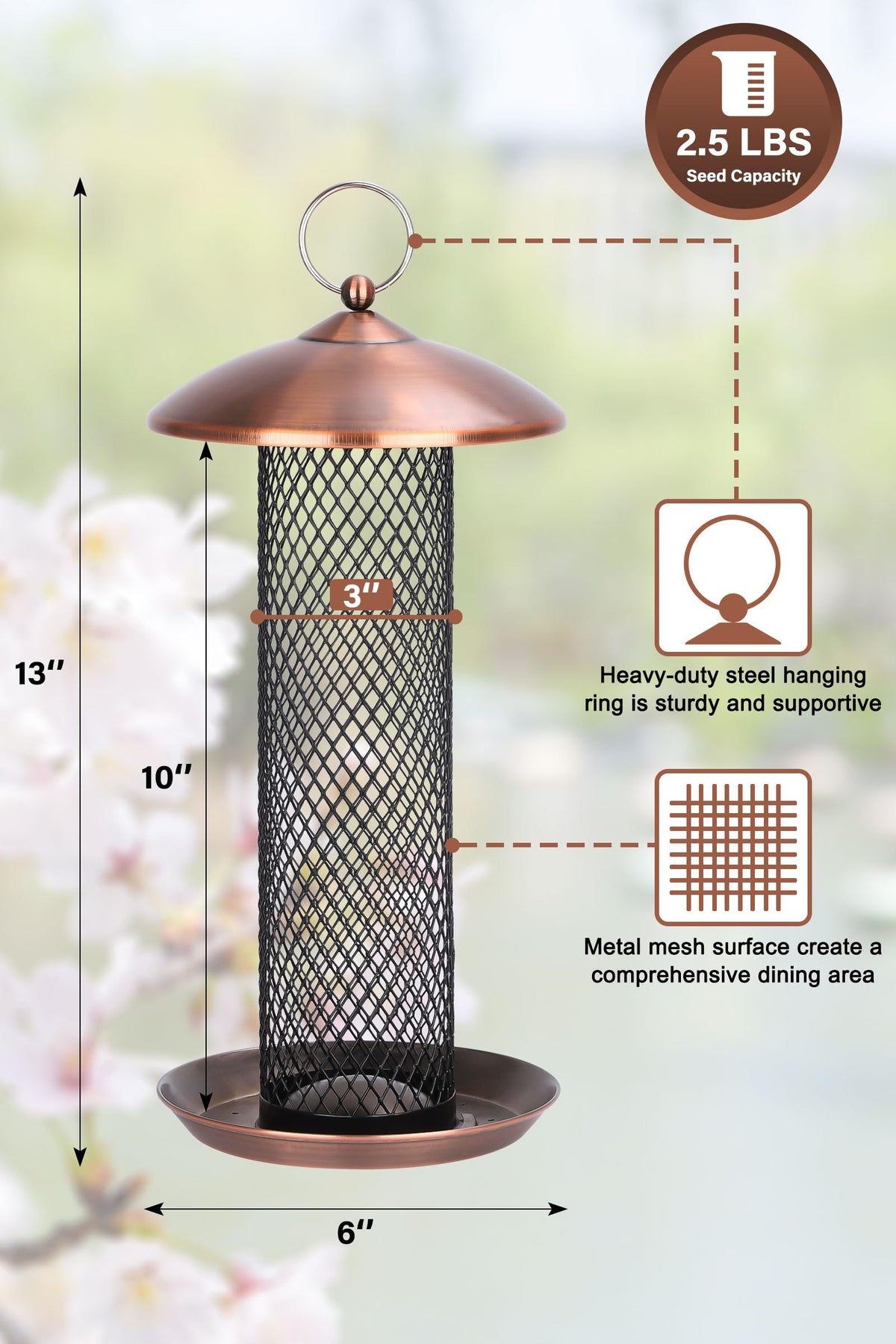 Gtongoko outdoor metal bird feeder emphasizing squirrel-proof design for seed protection.