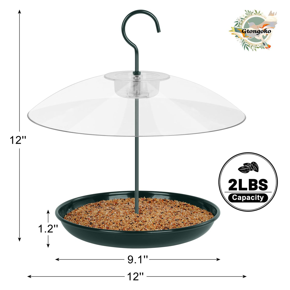 Gtongoko platform bird feeder highlighting 2 lb seed capacity for extended use