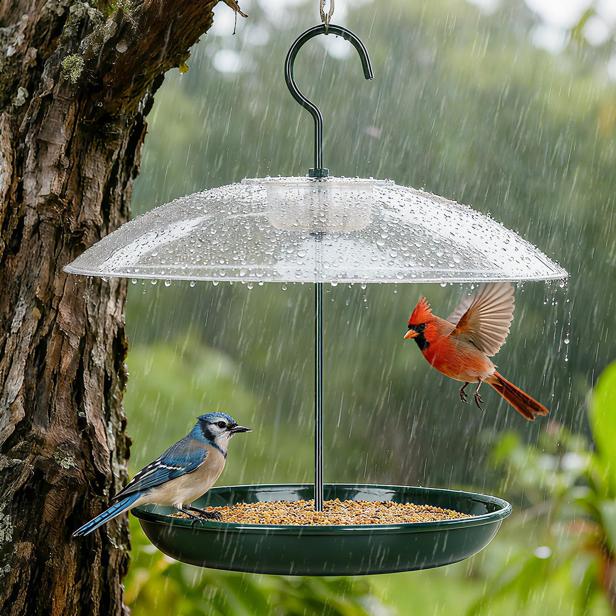 Gtongoko platform bird feeder showing squirrel-resistant tray for seed protection