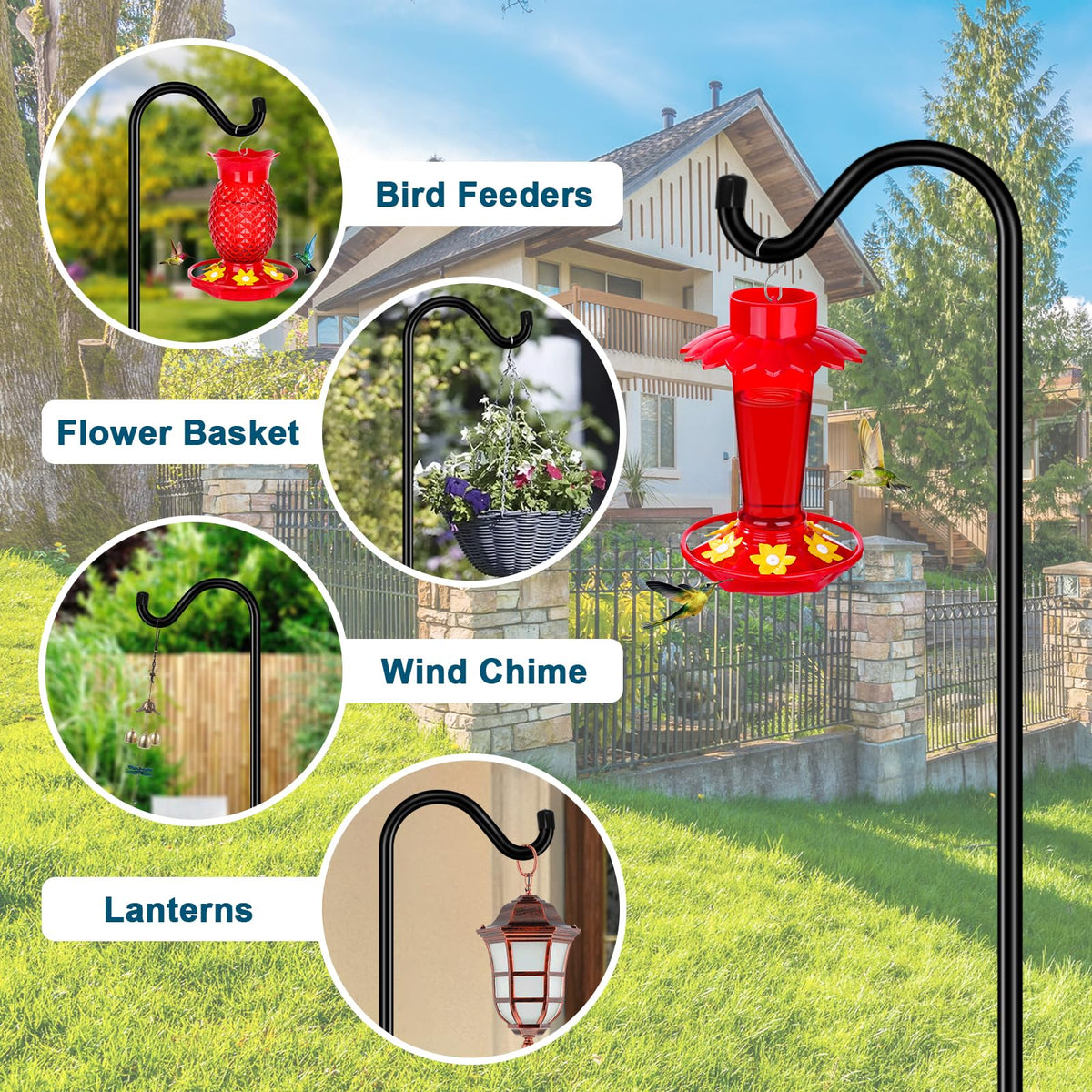 Gtongoko Shepherds Hook enables hanging bird feeders, lanterns, and planters.