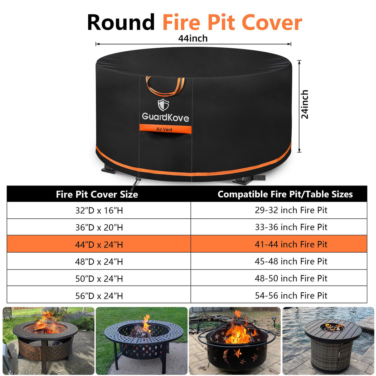 GuardKove 44-inch round fire pit cover with buckle straps secures on windy days.