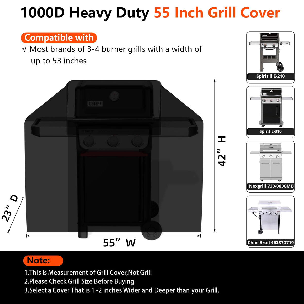 GuardKove 55-inch grill cover side with buckles securing the grill.