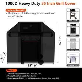 GuardKove 55-inch grill cover side with buckles securing the grill.