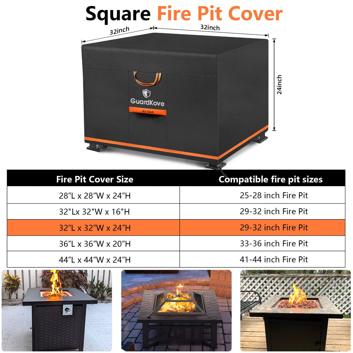 GuardKove 32in fire pit square cover side strap keeps it secure in wind.