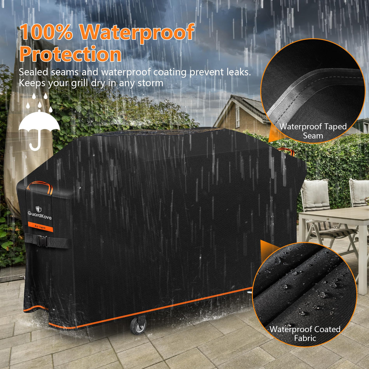 Waterproof layer blocks rain to protect the grill.