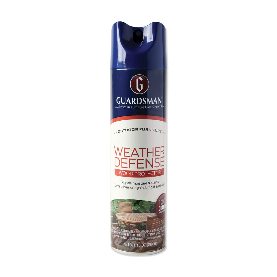 Guardsman Weather Defense bottle for outdoor wood protector repels moisture on teak and cedar.