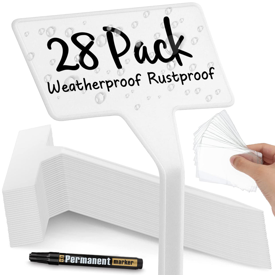 GUFJUCH 28-pack outdoor plant labels for durable garden organization in rain and sun.