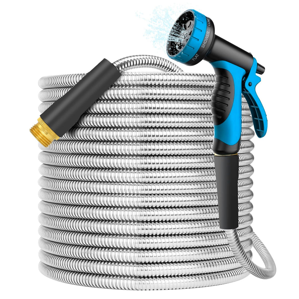 GUHUS 50ft hose showing spiral anti-kink design for smooth watering
