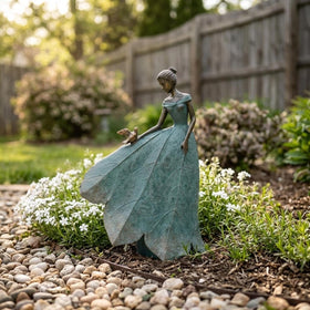 Guichifun leaf angel girl statue holding lily, ideal for tranquil garden corners.