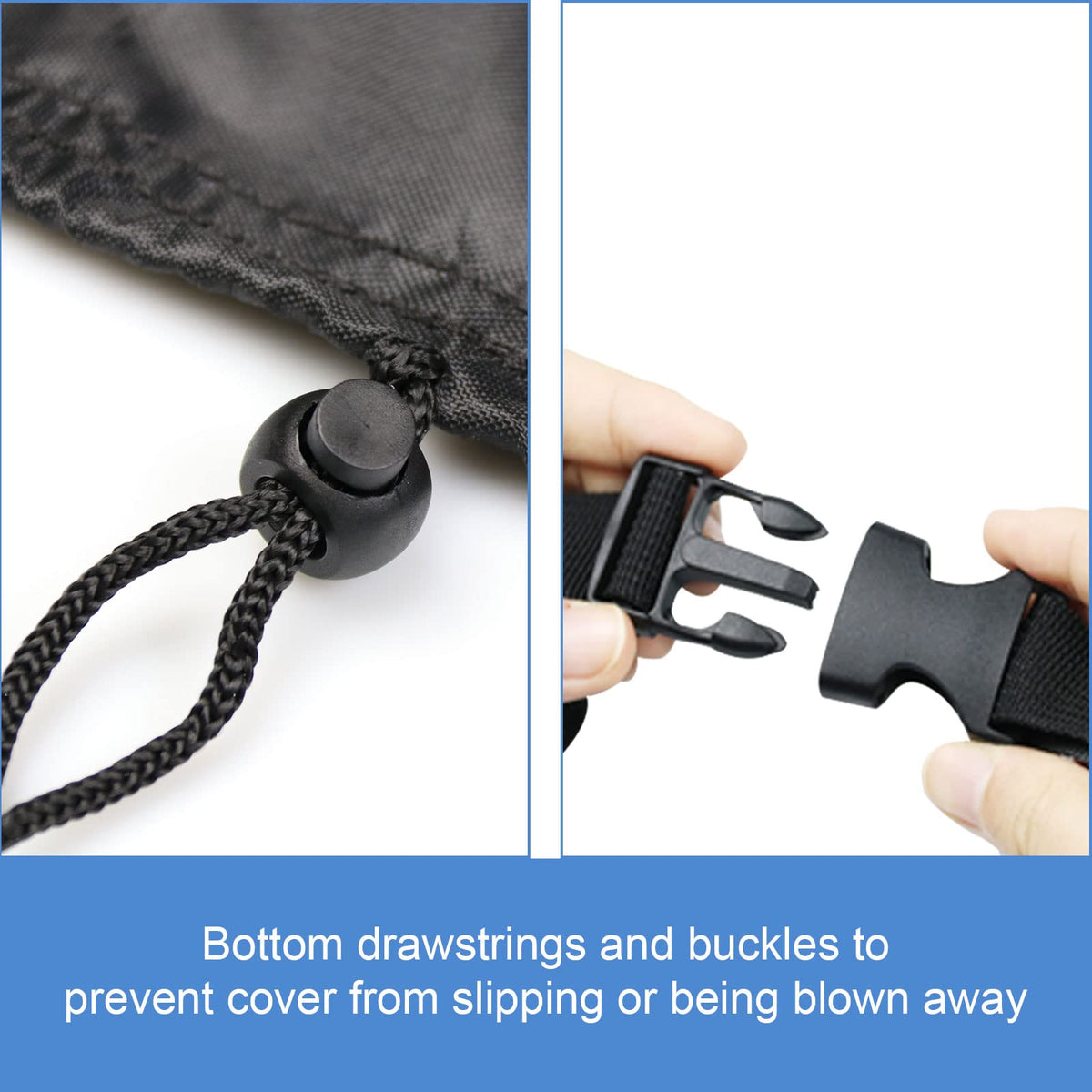 Guisong adjustable strap and buckles keep cover snug in wind.