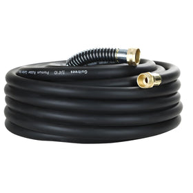 Guitrees 25ft heavy-duty rubber hose coiled for easy storage and everyday watering.