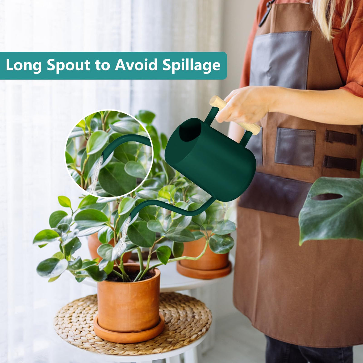 GUKJOB watering can wooden handle provides a comfortable, sturdy grip.