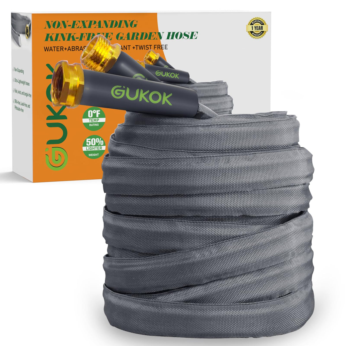 The GUKOK 50ft hose features a lightweight design for effortless yard watering.