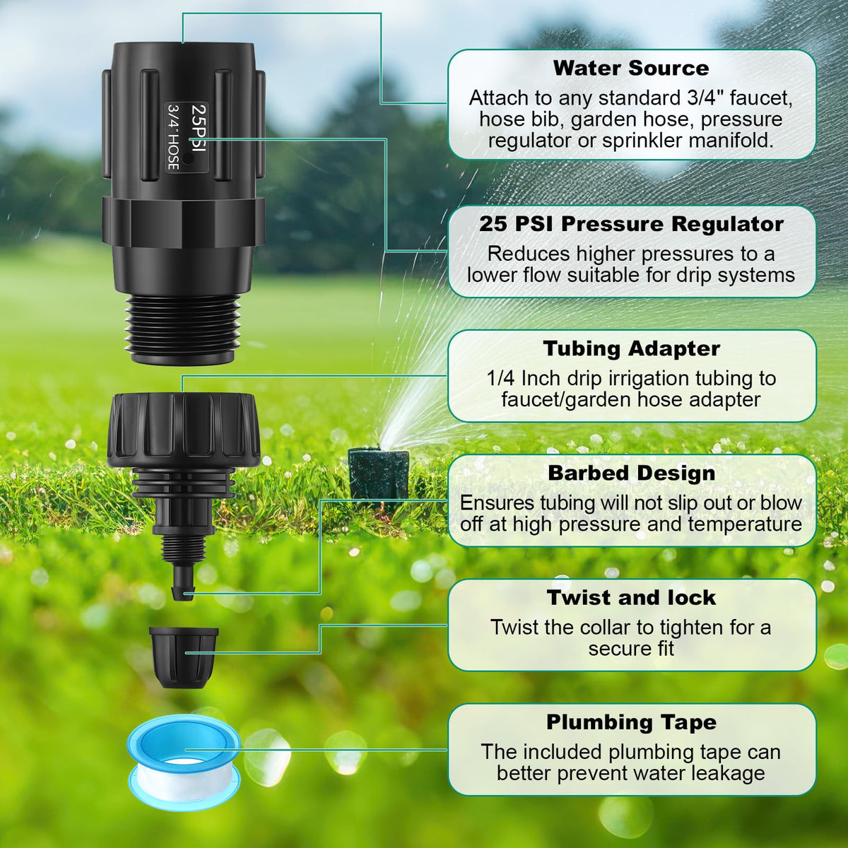 Gulfmew 1/4 inch tubing adapters provide secure drip connections.