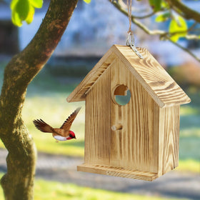 Gute weatherproof bird house withstands rain and wind for year-round viewing.