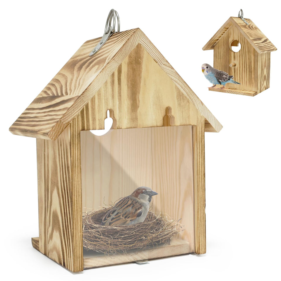 Gute window bird house with viewing window for close, disturbance-free bird watching.