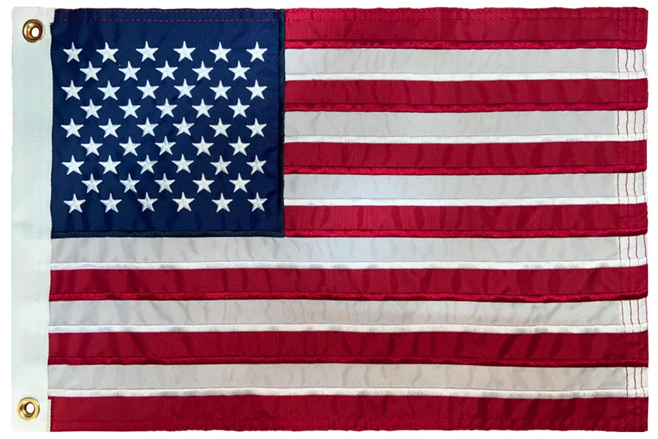 GUYSHEER American flag 12x18 embroidery detail highlighting durable nylon for outdoor display