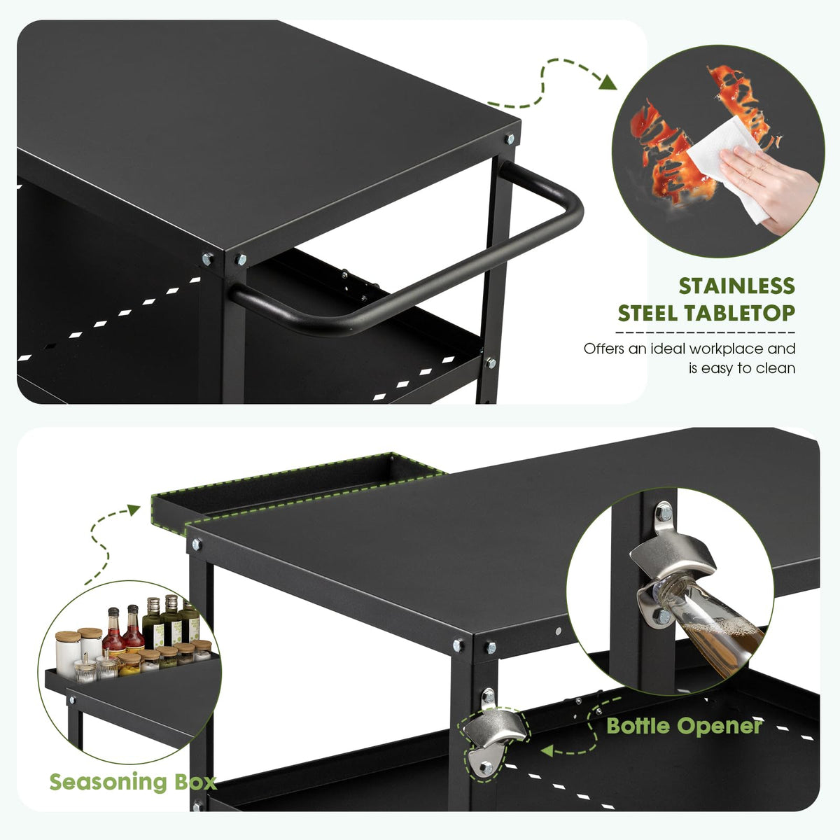 GVGBUK cart table side view highlights hooks and spice caddy for organized cooking.