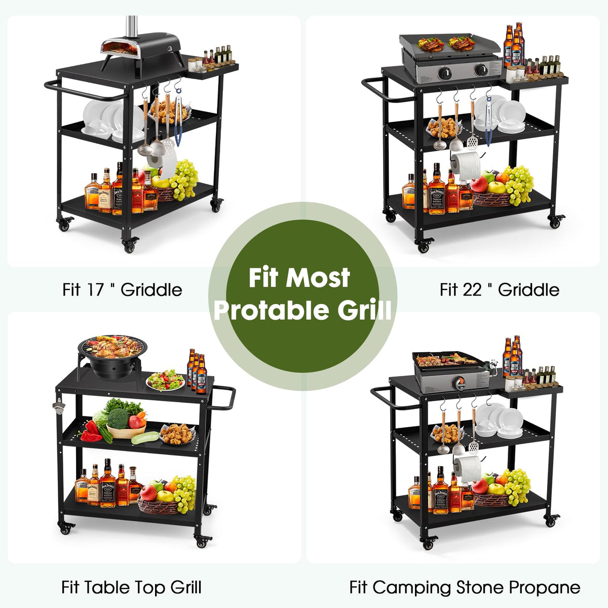 GVGBUK outdoor grill cart table top view emphasizing rust-proof metal surface.