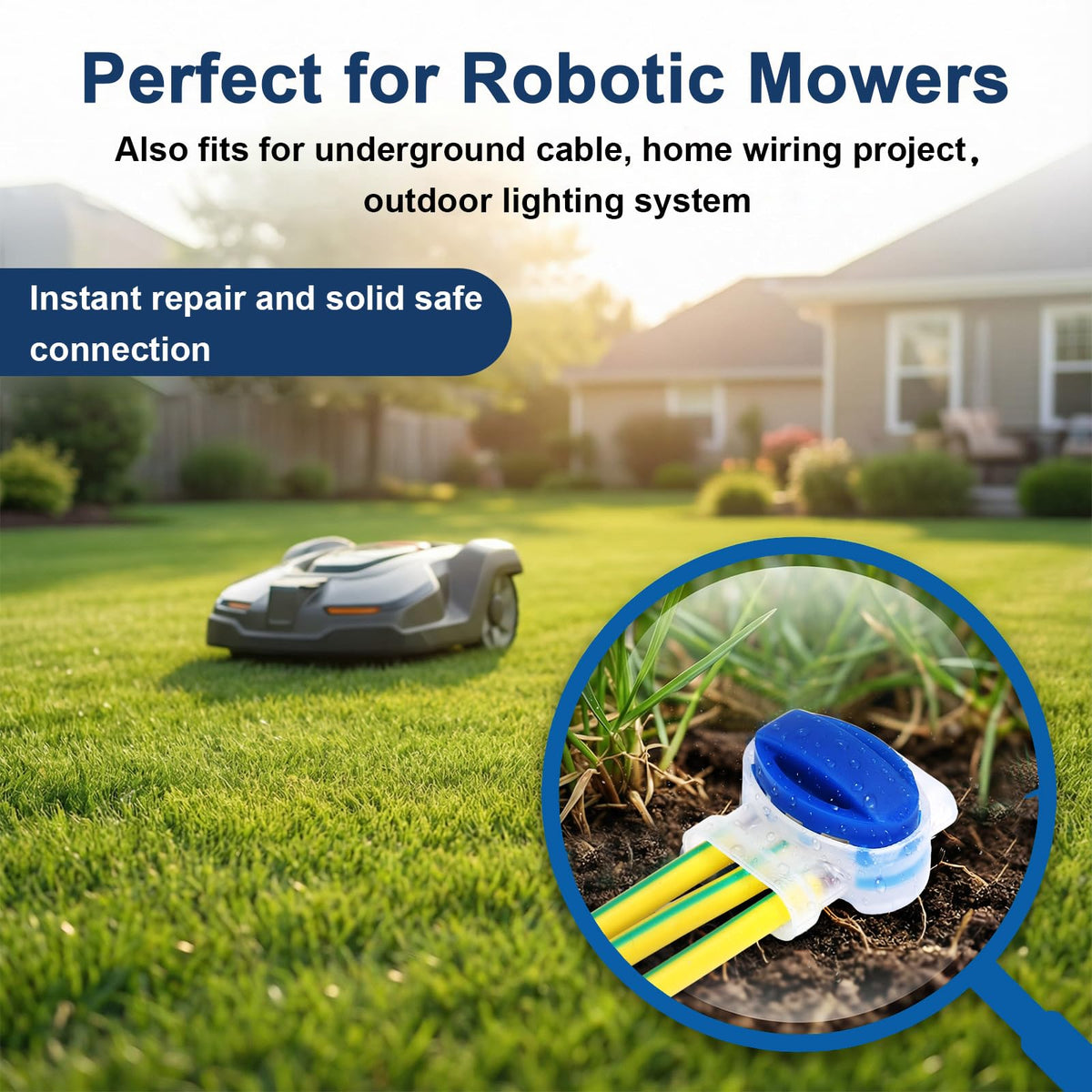 GWHOLE robotic lawn mower application highlights durable, quick-splice compatibility in tough environments.